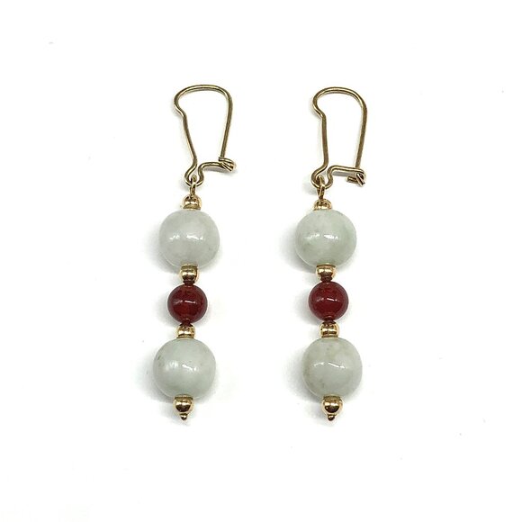 Elegant Vintage White Jade Carnelian 14k Gold Dangle Earrings - Picture 4 of 6